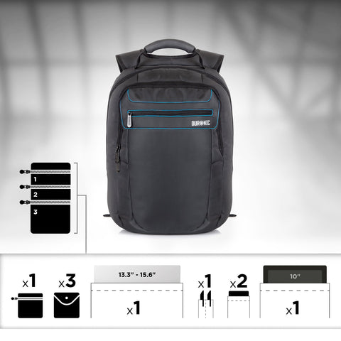 Duronic Travel Laptop Backpack with blue accents, showing multi-compartment capacity icons for storage and organization.