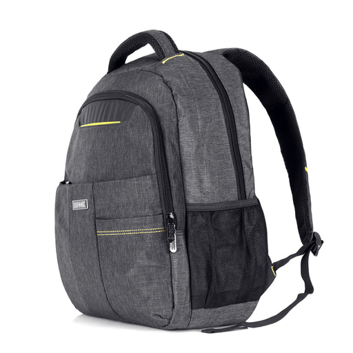 Duronic Travel Laptop Backpack with yellow stitching details, multiple zippered compartments, and mesh side pocket.