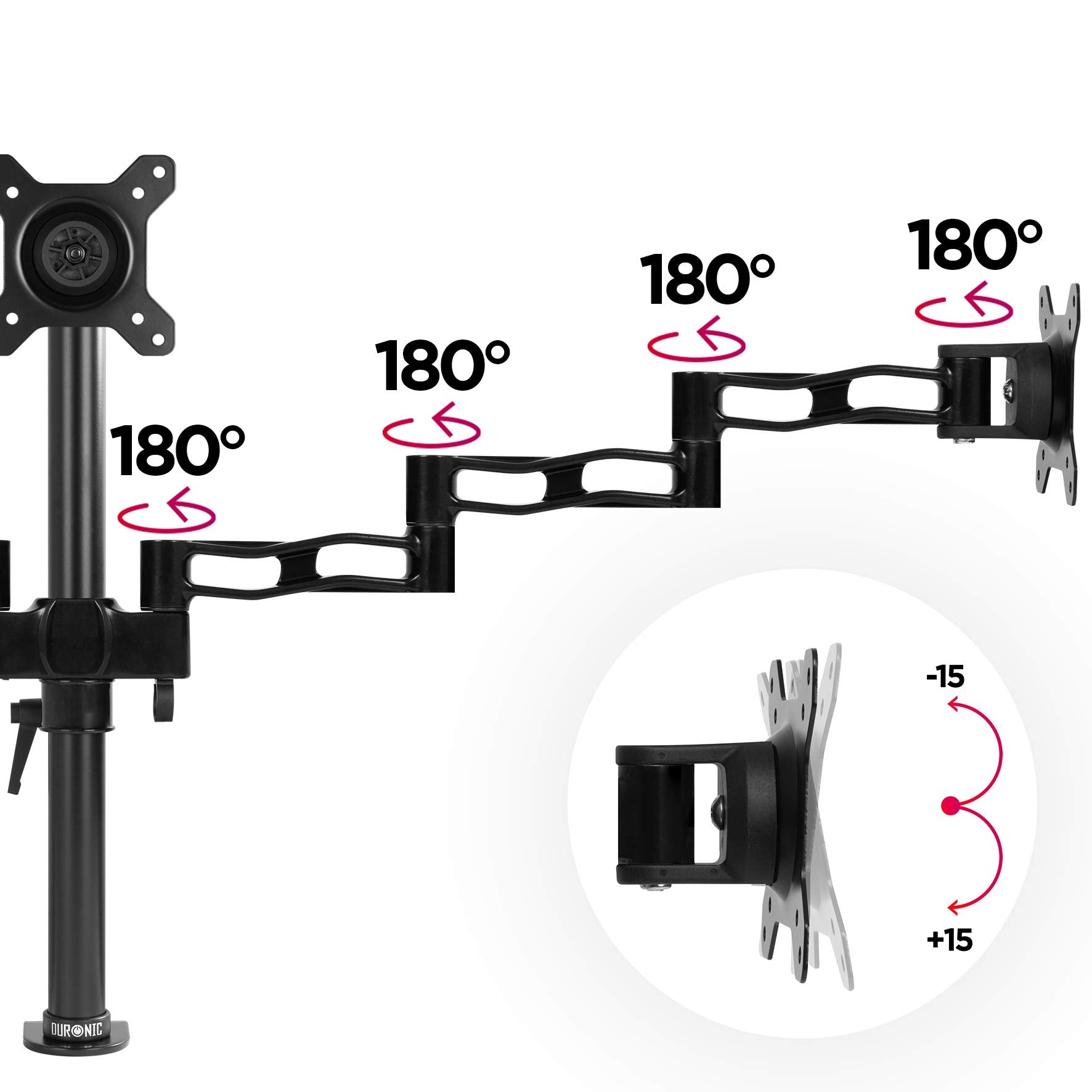 Duronic Triple Monitor Arm Stand An adjustable black multi-joint monitor arm stand showing 180-degree swivel joints and full vertical tilt.