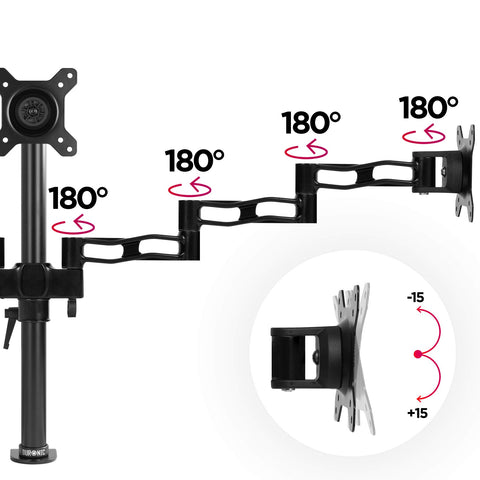 Duronic Triple Monitor Arm Stand An adjustable black multi-joint monitor arm stand showing 180-degree swivel joints and full vertical tilt.