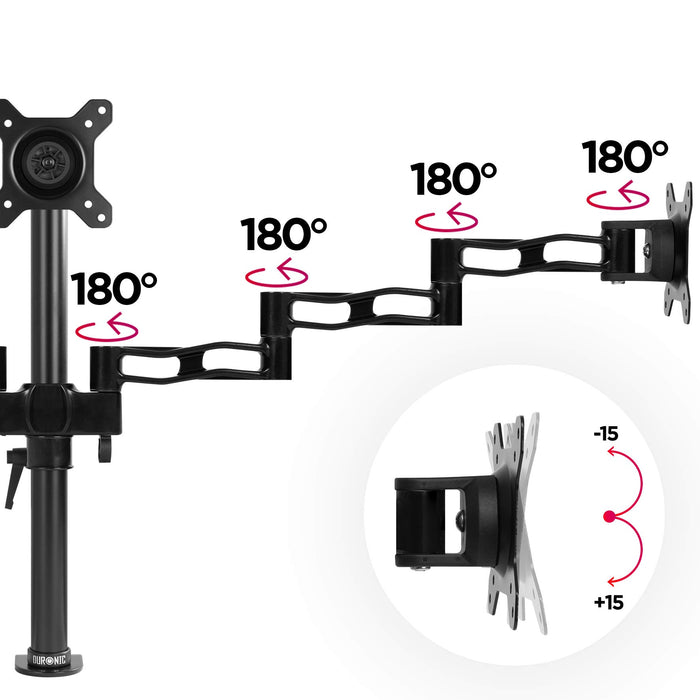 Duronic Triple Monitor Arm Stand An adjustable black multi-joint monitor arm stand showing 180-degree swivel joints and full vertical tilt.