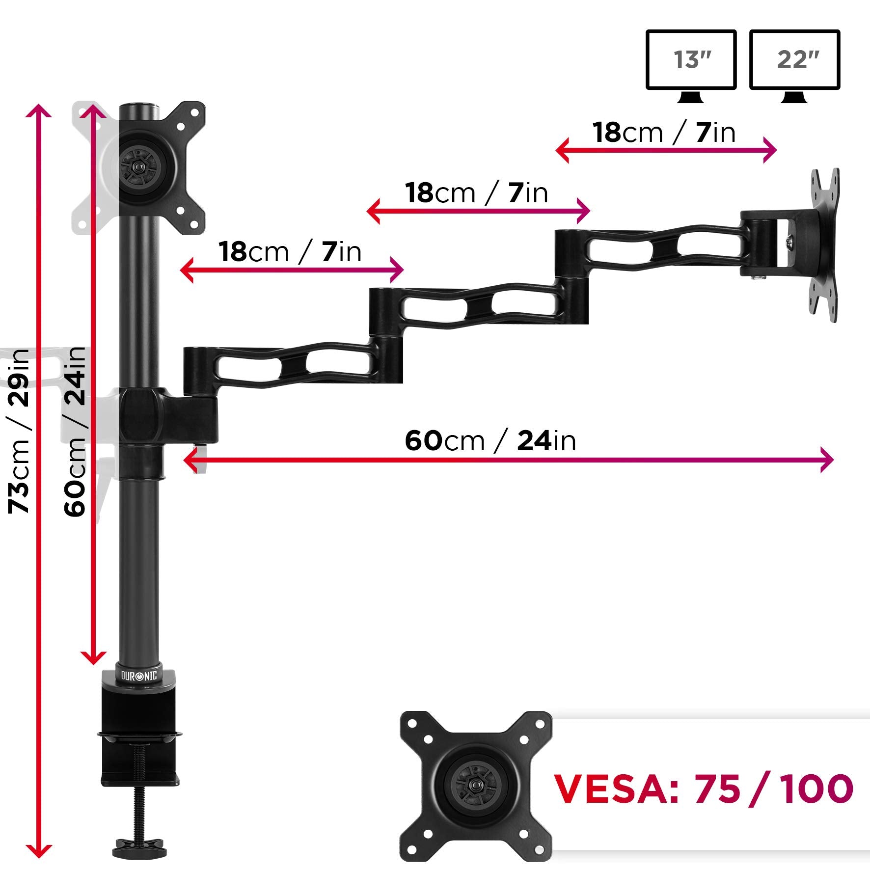 Duronic Triple Monitor Arm Stand Black articulating desk mount monitor arm with dimensions showing height, maximum extension, and VESA compatibility.