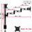 Duronic Triple Monitor Arm Stand Black articulating desk mount monitor arm with dimensions showing height, maximum extension, and VESA compatibility.