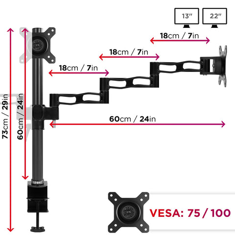 Duronic Triple Monitor Arm Stand Black articulating desk mount monitor arm with dimensions showing height, maximum extension, and VESA compatibility.