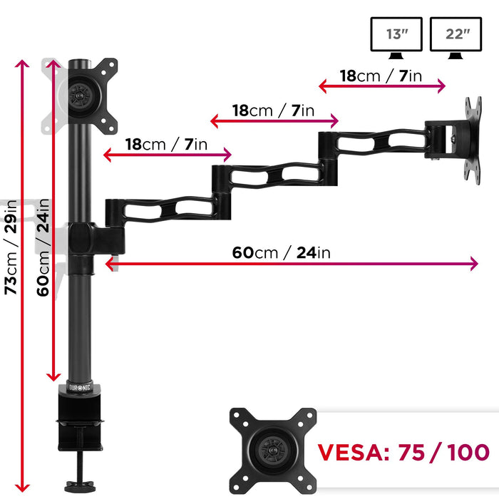 Duronic Triple Monitor Arm Stand Black articulating desk mount monitor arm with dimensions showing height, maximum extension, and VESA compatibility.