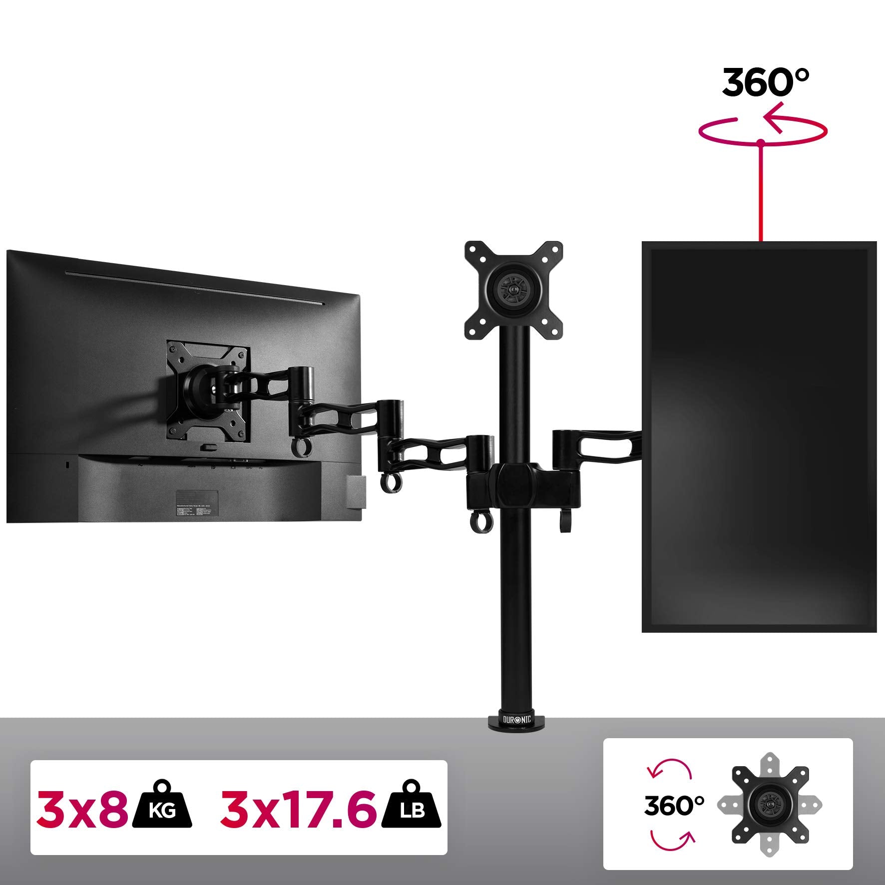 Duronic Triple Monitor Arm Stand monitor desk mount arm holding three screens with full 360 degree rotation