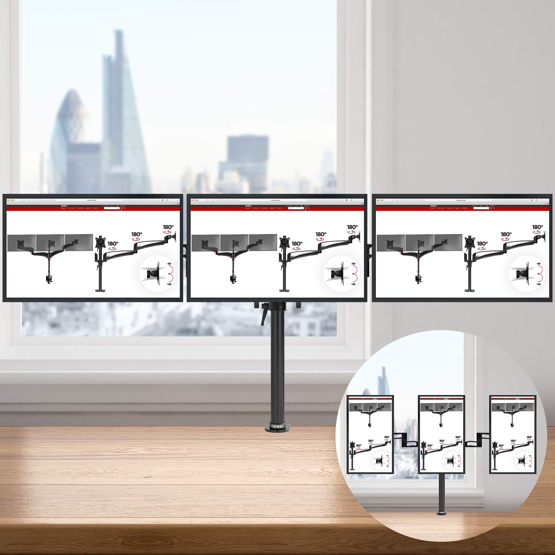 Duronic Triple Monitor Arm Stand showing three landscape screens on a wooden desk with vertical orientation inset.