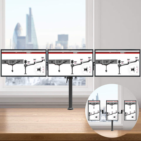 Duronic Triple Monitor Arm Stand showing three landscape screens on a wooden desk with vertical orientation inset.