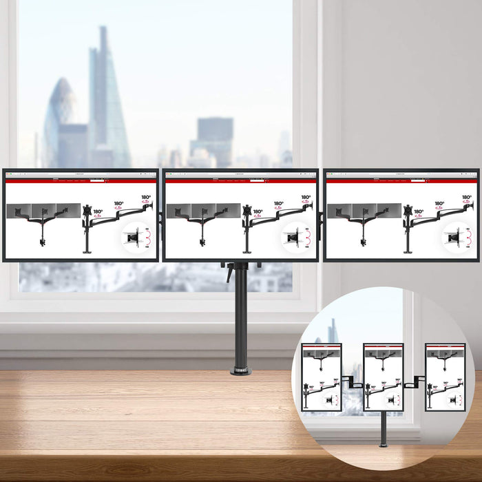 Duronic Triple Monitor Arm Stand showing three landscape screens on a wooden desk with vertical orientation inset.