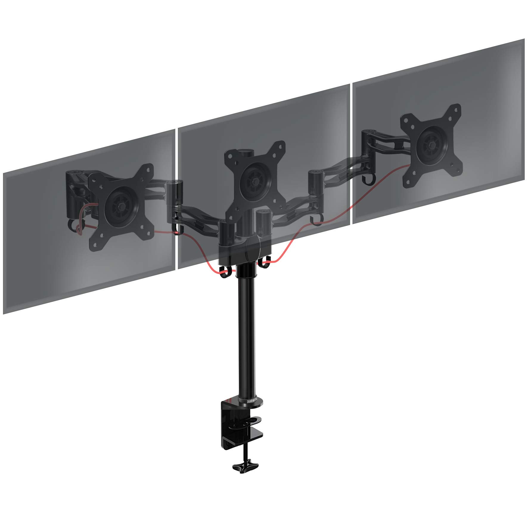 Duronic Triple Monitor Arm Stand with articulated arms supporting three computer screens for productivity.