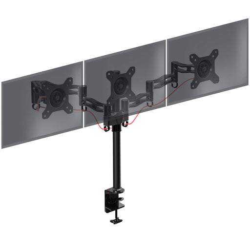 Duronic Triple Monitor Arm Stand with articulated arms supporting three computer screens for productivity.