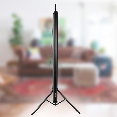 Duronic Tripod Projector Screen Portable projector screen rolled up vertically on a black tripod stand inside a living room.
