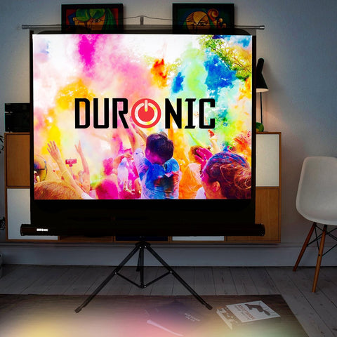 Duronic Tripod Projector Screen displaying a vibrant, colorful crowd scene in a room