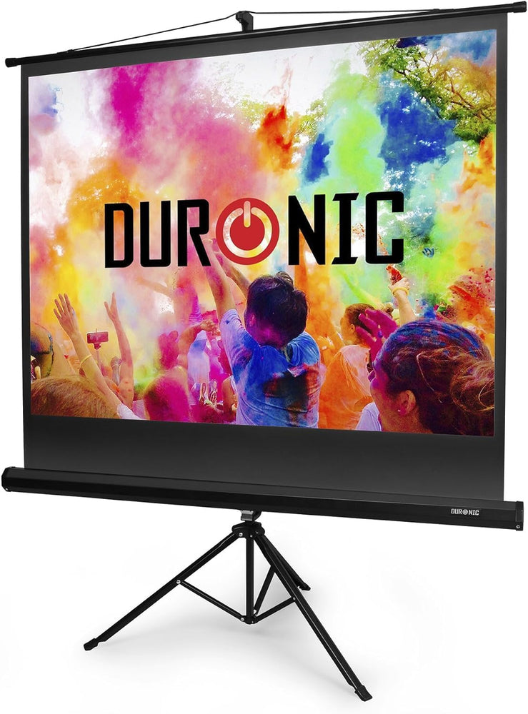 Duronic Tripod Projector Screen displaying a vibrant, colorful image of a crowd celebrating together.