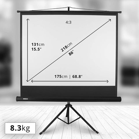 Duronic Tripod Projector Screen showing its precise height, width, diagonal size, and weight measurements.