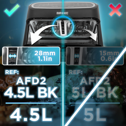 Duronic Twin Drawers AFD2 BK comparison image showing that air fryer accessory is compatible with the Duronic AFD2 4.5L BK model featuring a 28mm (1.1in) center gap, but not the 5L model with a 15mm gap.