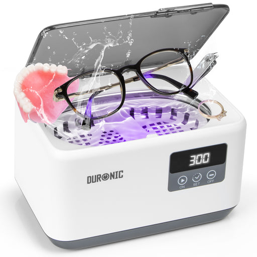 Duronic Ultrasonic Cleaner cleaning glass, nail cutter and denture