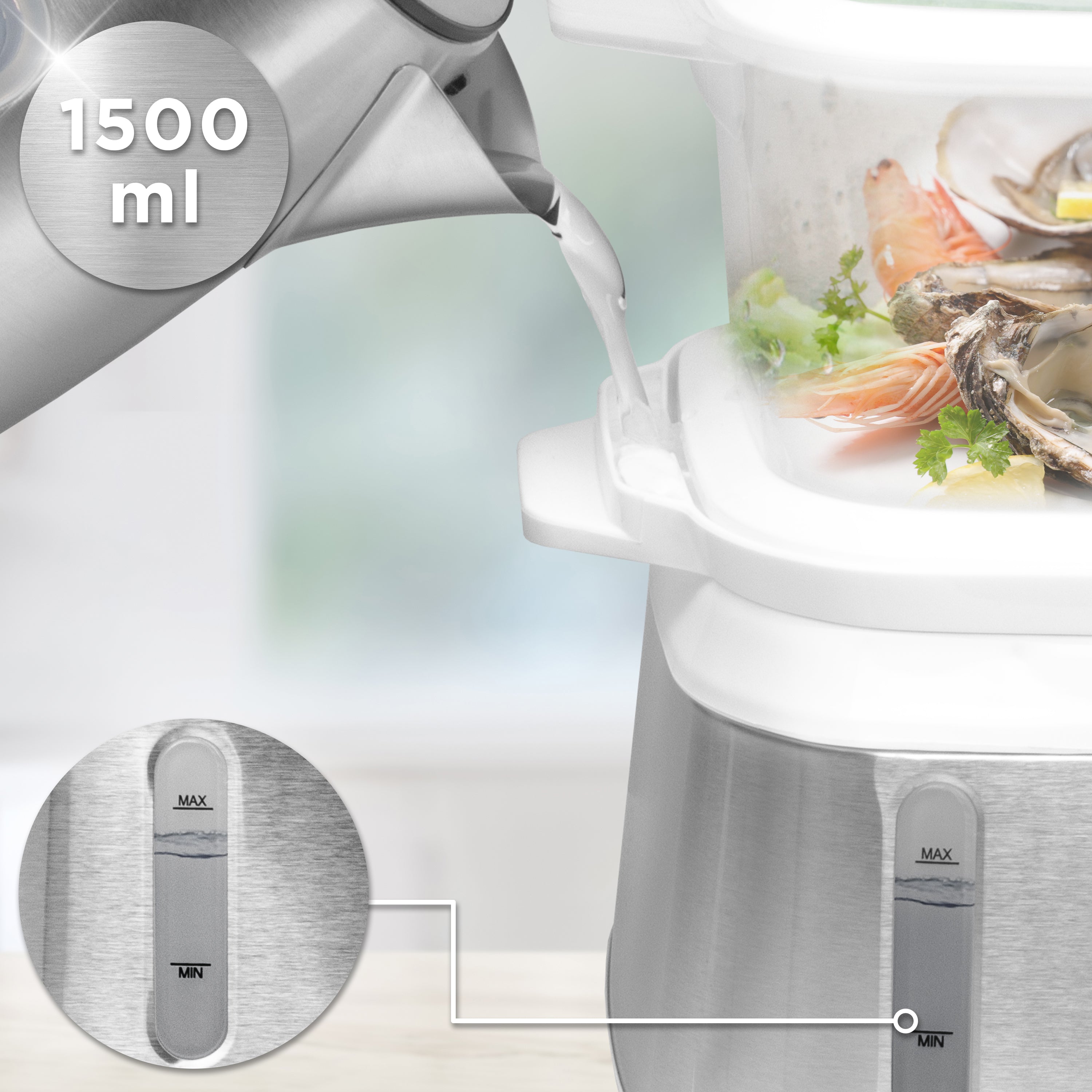 Duronic WE White Electric Food Steamer featuring an external water level indicator window.