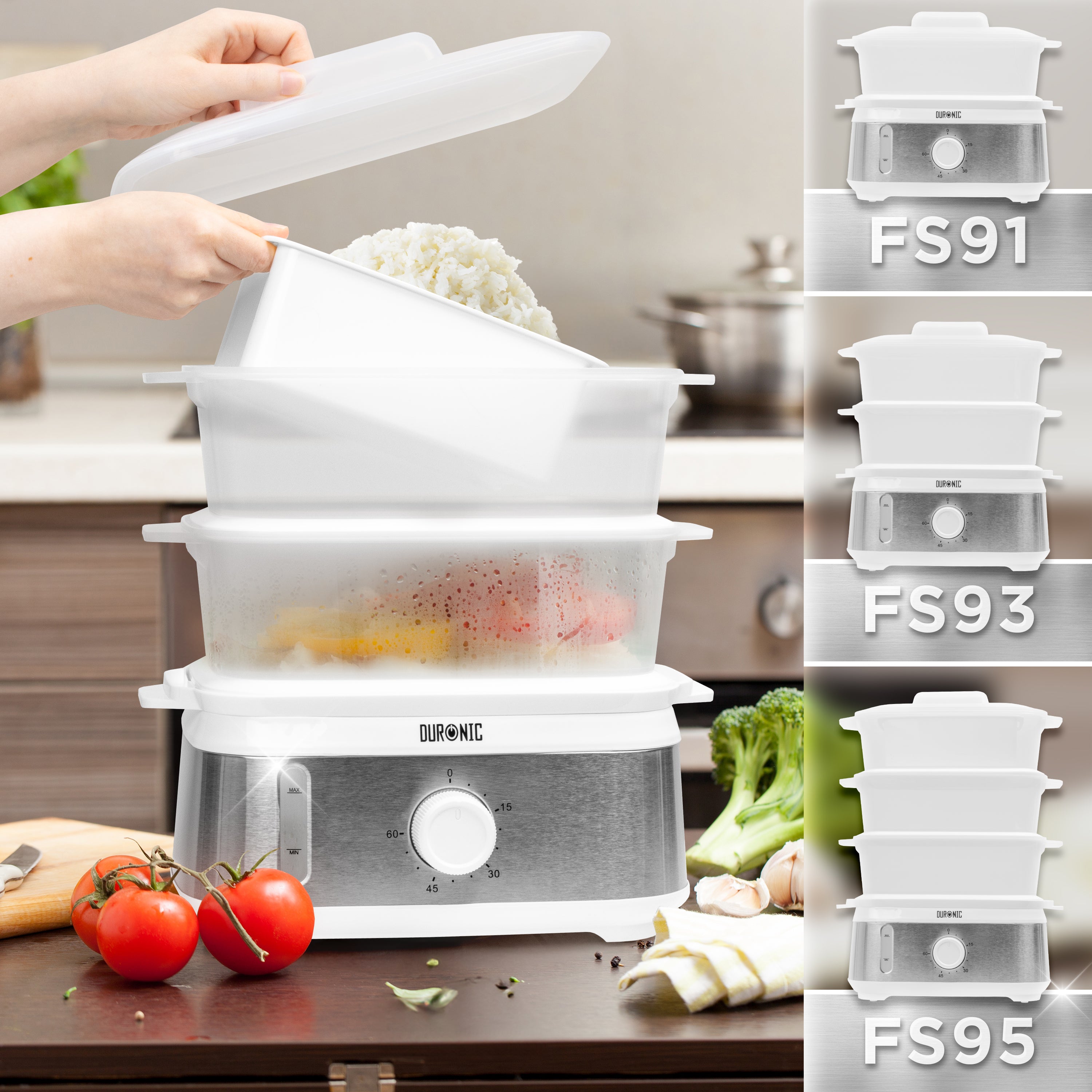 Duronic WE White Electric Food Steamer featuring models FS91, FS93, and FS95.