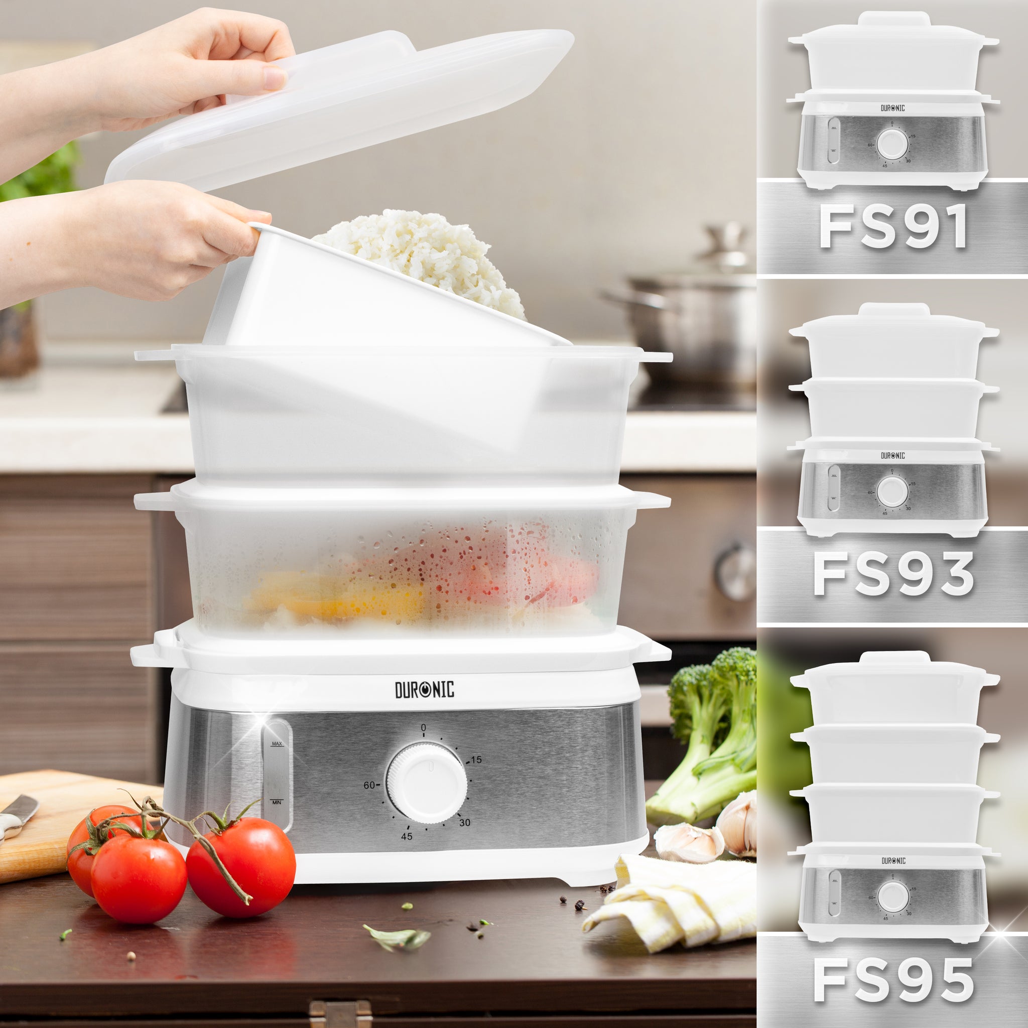 Duronic WE White Electric Food Steamer featuring models FS91, FS93, and FS95.