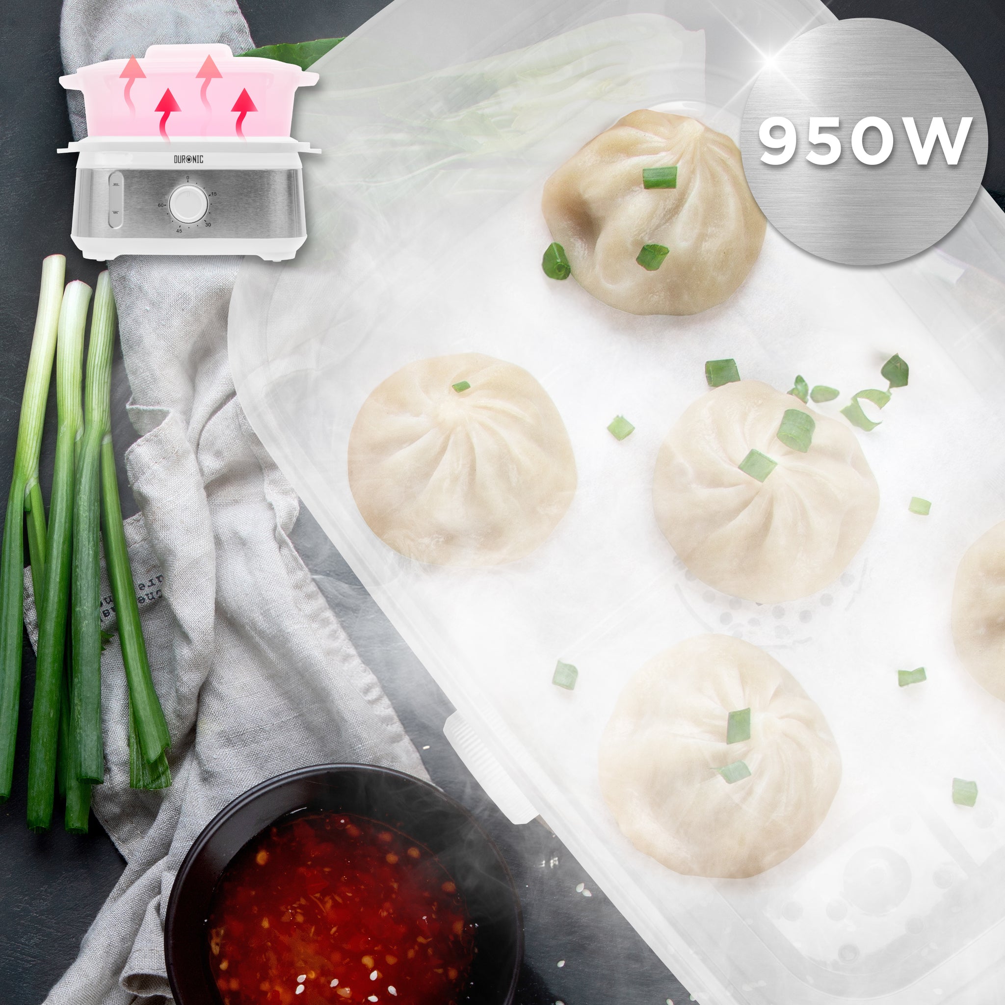 Duronic WE White Electric Food Steamer next to dipping sauce and green onions.