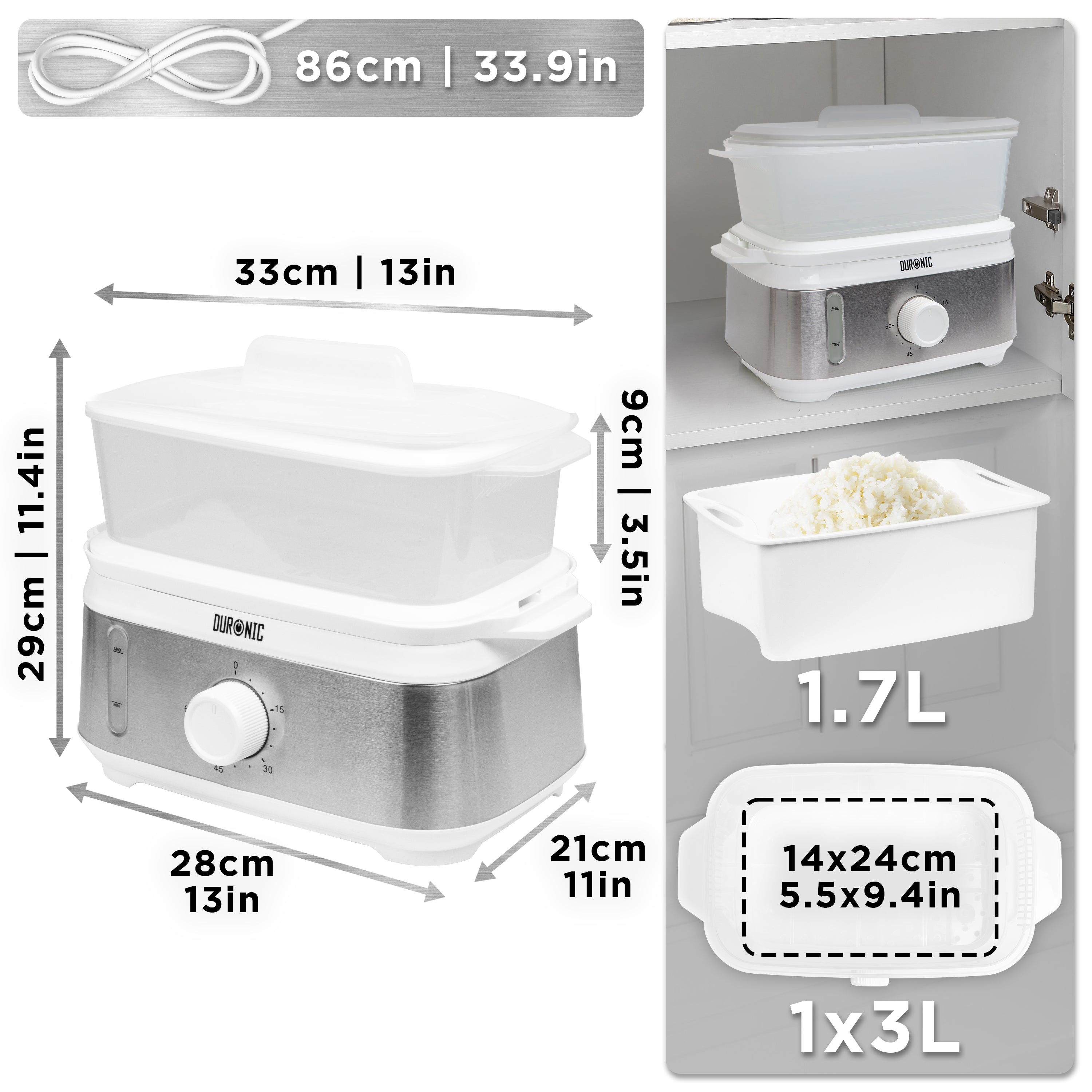 Duronic WE White Electric Food Steamer showing unit measurements, power cord length, and 1.7L rice bowl.