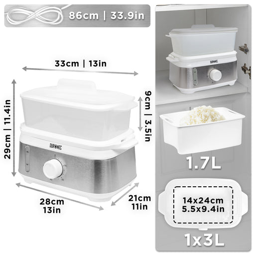 Duronic WE White Electric Food Steamer showing unit measurements, power cord length, and 1.7L rice bowl.