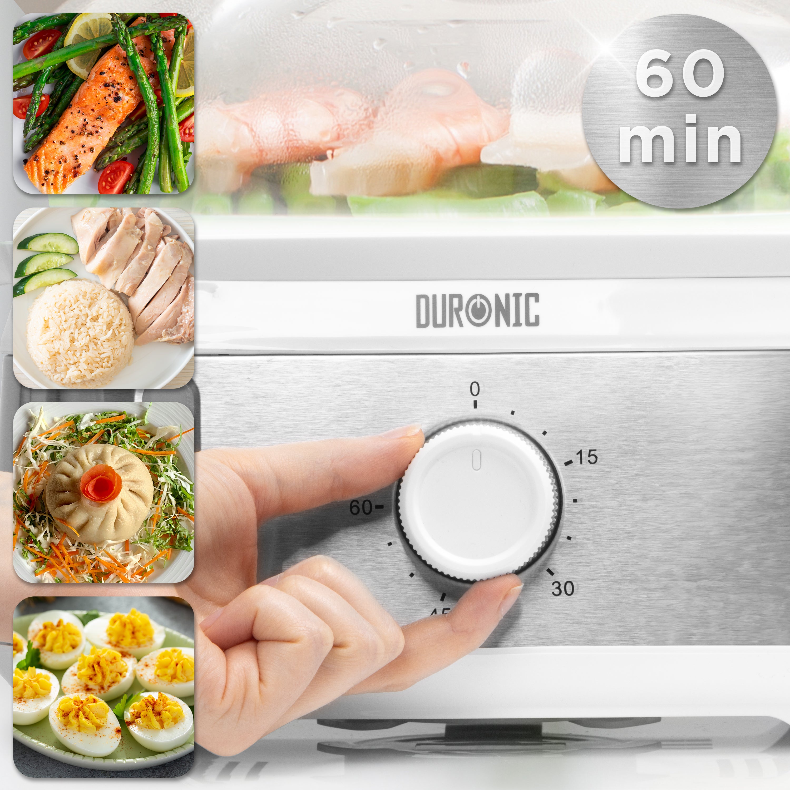 Duronic WE White Electric Food Steamer with a 60-minute timer dial, showcasing steamed salmon, chicken, and eggs.