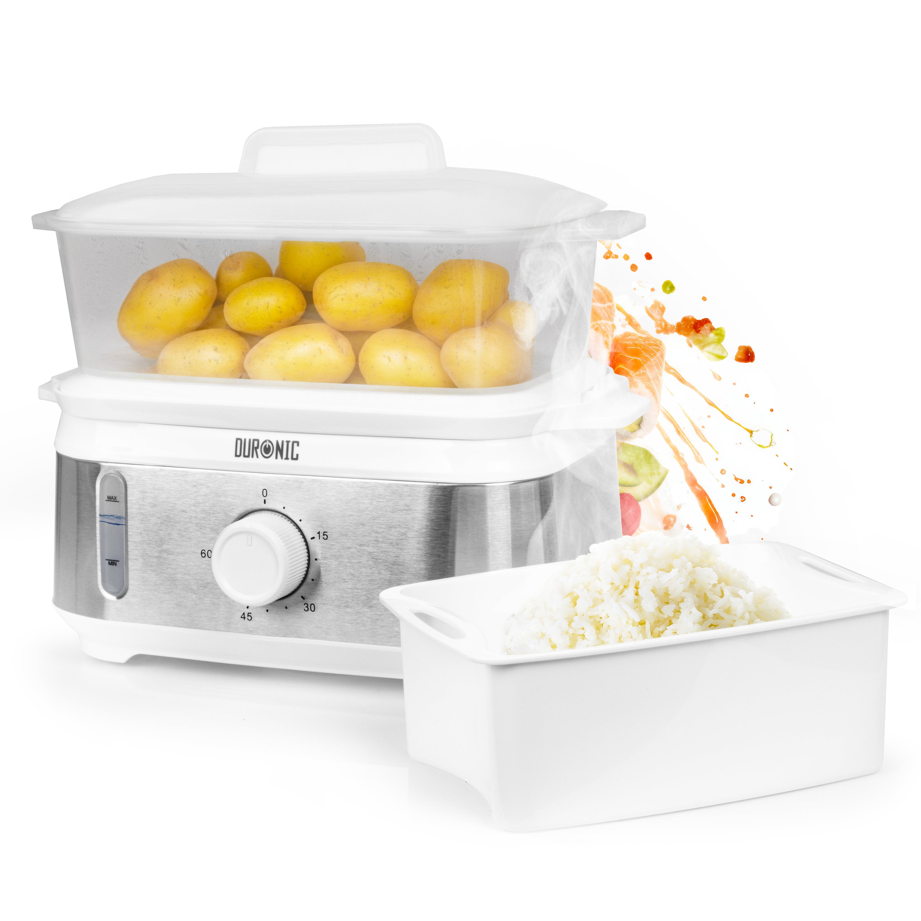 Duronic WE White Electric Food Steamer with potatoes next to a bowl of cooked rice.