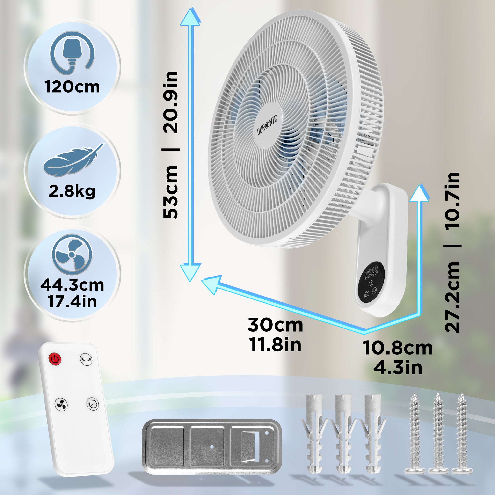 Duronic Wall Mounted Fan displaying dimensions, specifications, remote control, and installation hardware.