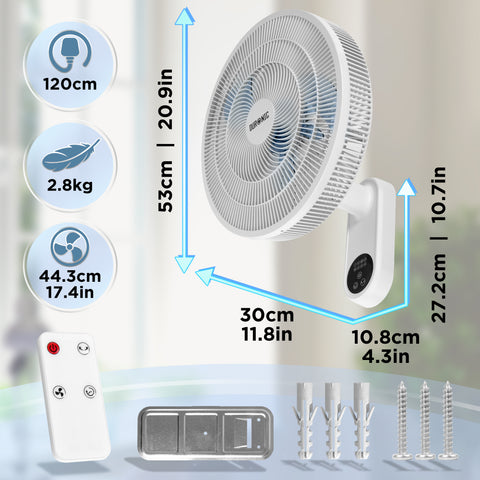 Duronic Wall Mounted Fan displaying dimensions, specifications, remote control, and installation hardware.