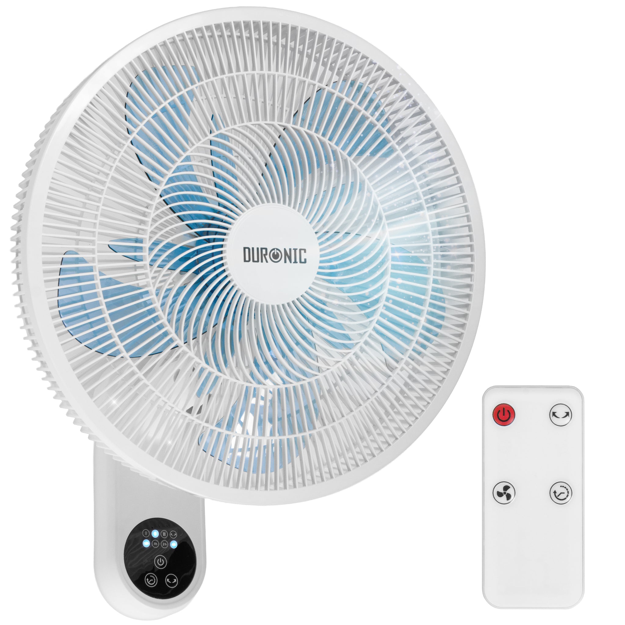 Duronic Wall Mounted Fan featuring blue blades, digital control panel, and an included remote control.