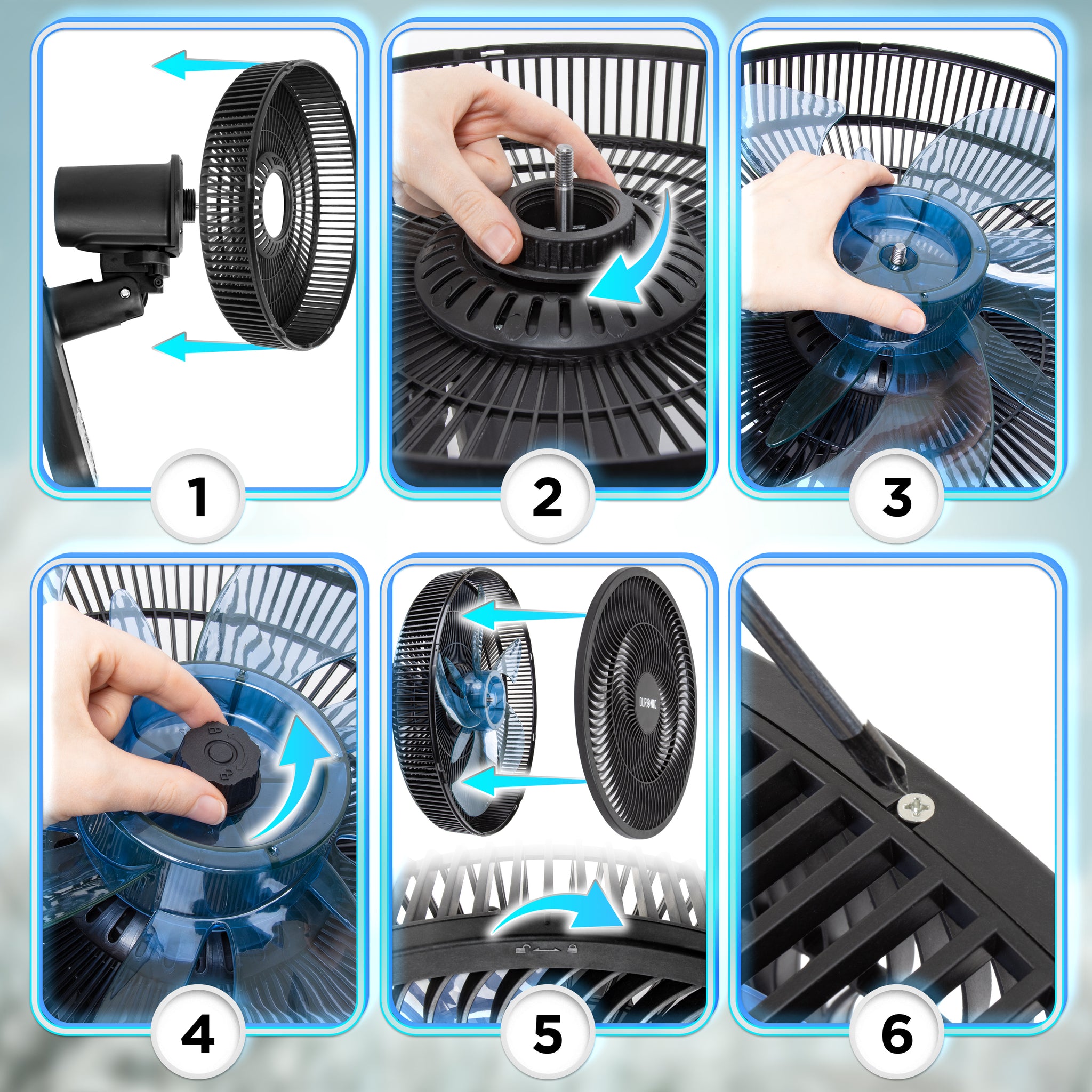 Duronic Wall Mounted Fan showing how to assemble a black electric cooling fan with blue blades.