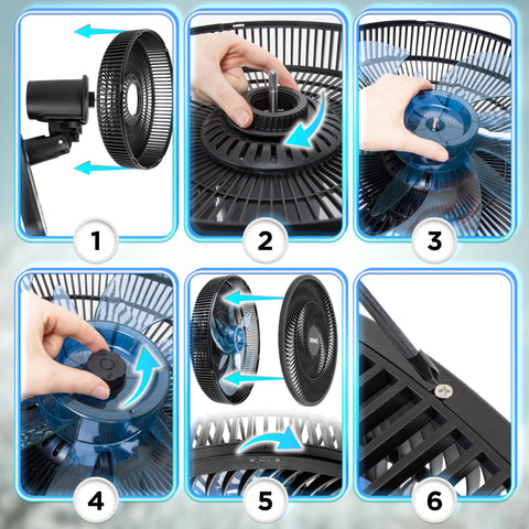 Duronic Wall Mounted Fan showing how to assemble a black electric cooling fan with blue blades.
