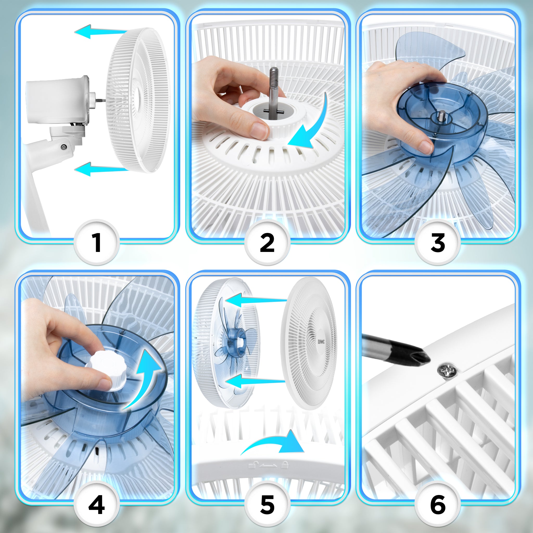 Duronic Wall Mounted Fan showing how to assemble a white electric pedestal fan.