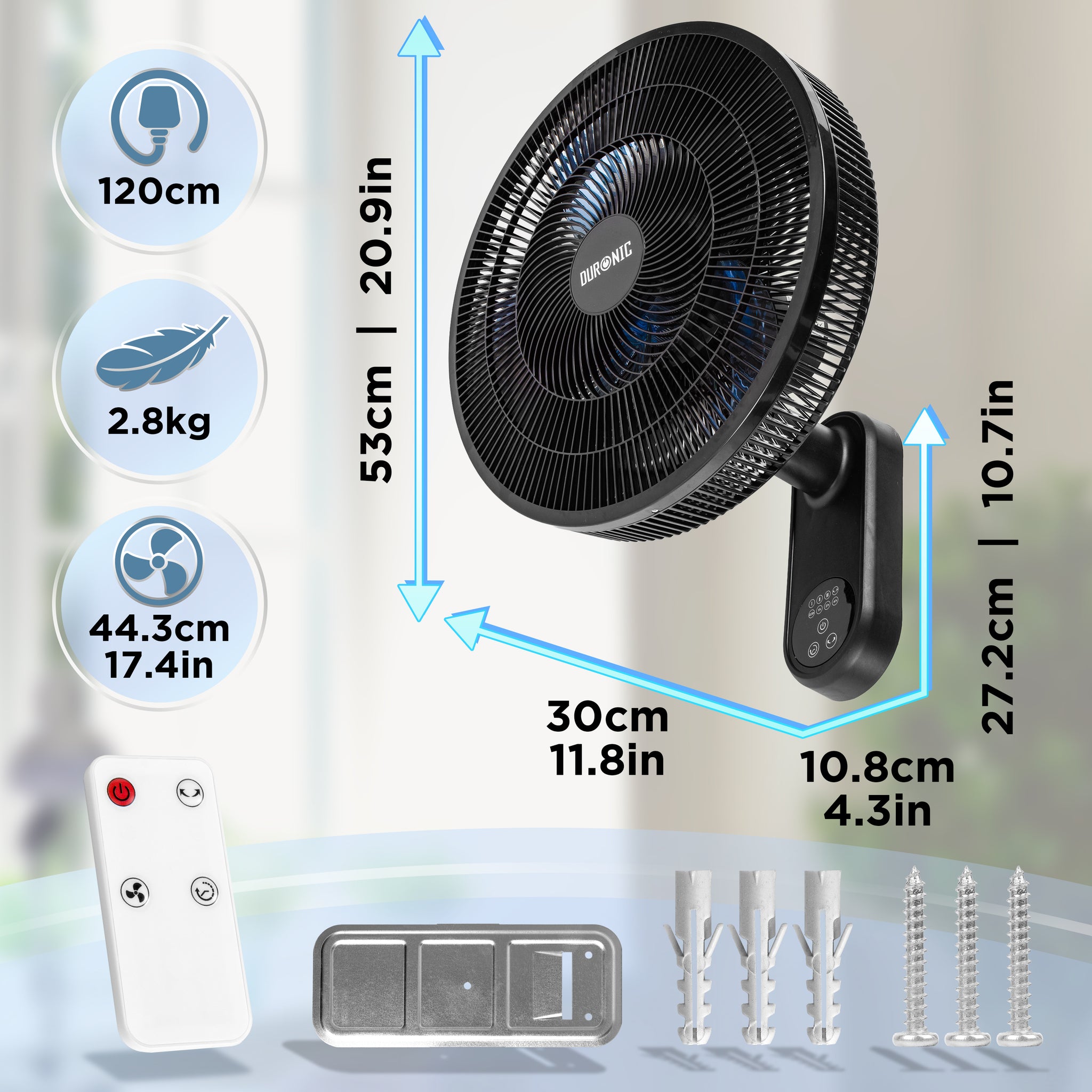 Duronic Wall Mounted Fan showing product dimensions, remote control, and included installation mounting hardware.