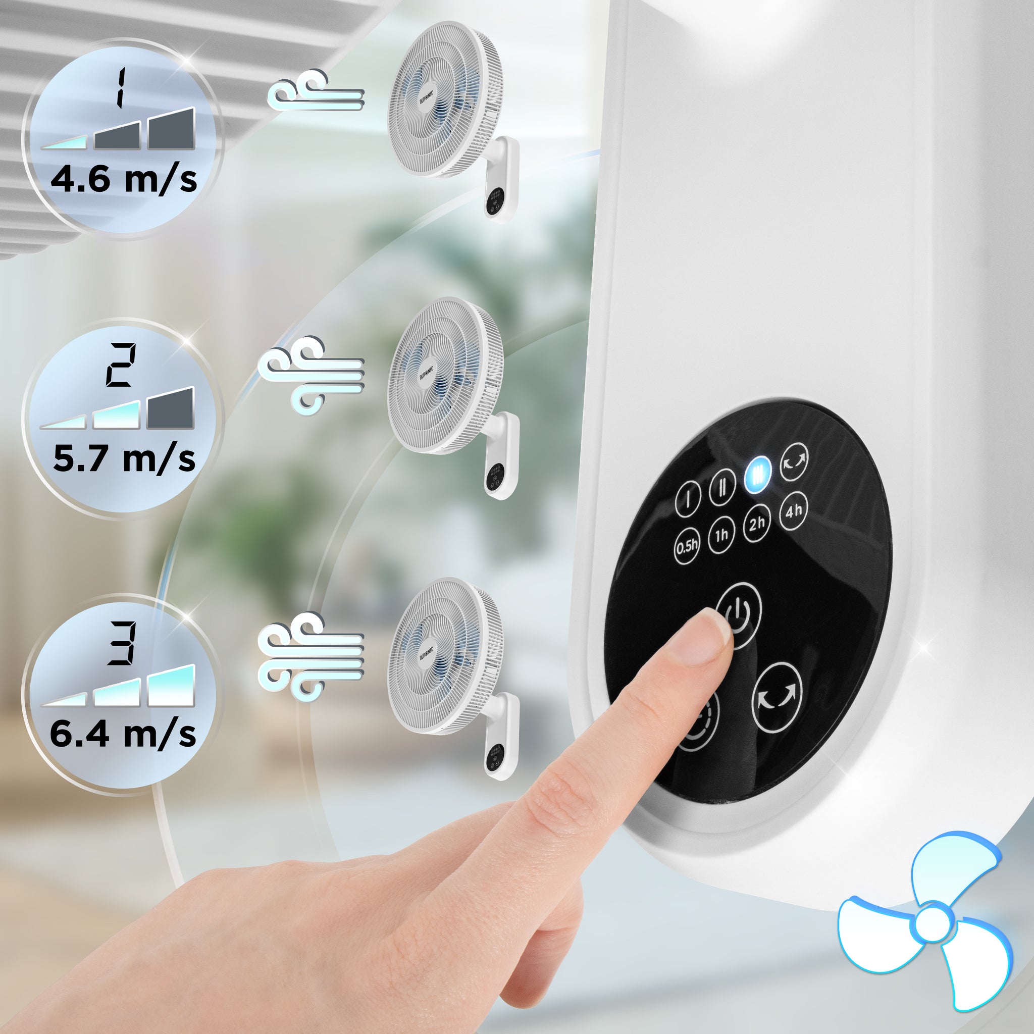 Duronic Wall Mounted Fan showing three adjustable speed levels.
