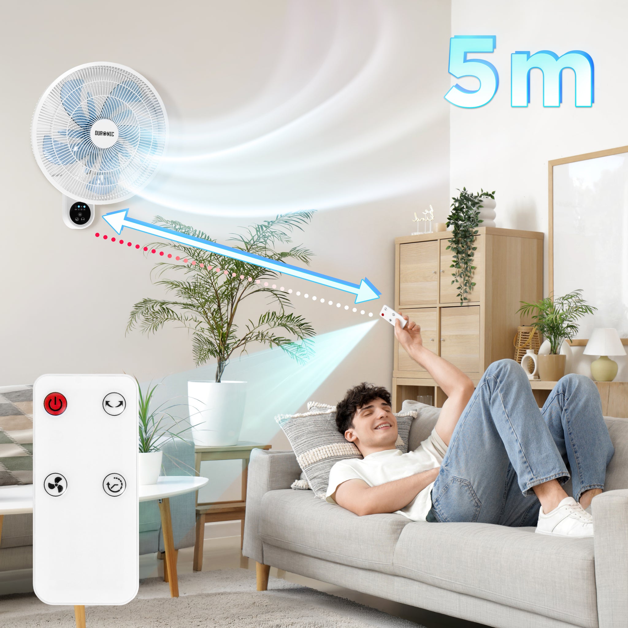 Duronic Wall Mounted Fan with a man on sofa using a remote control