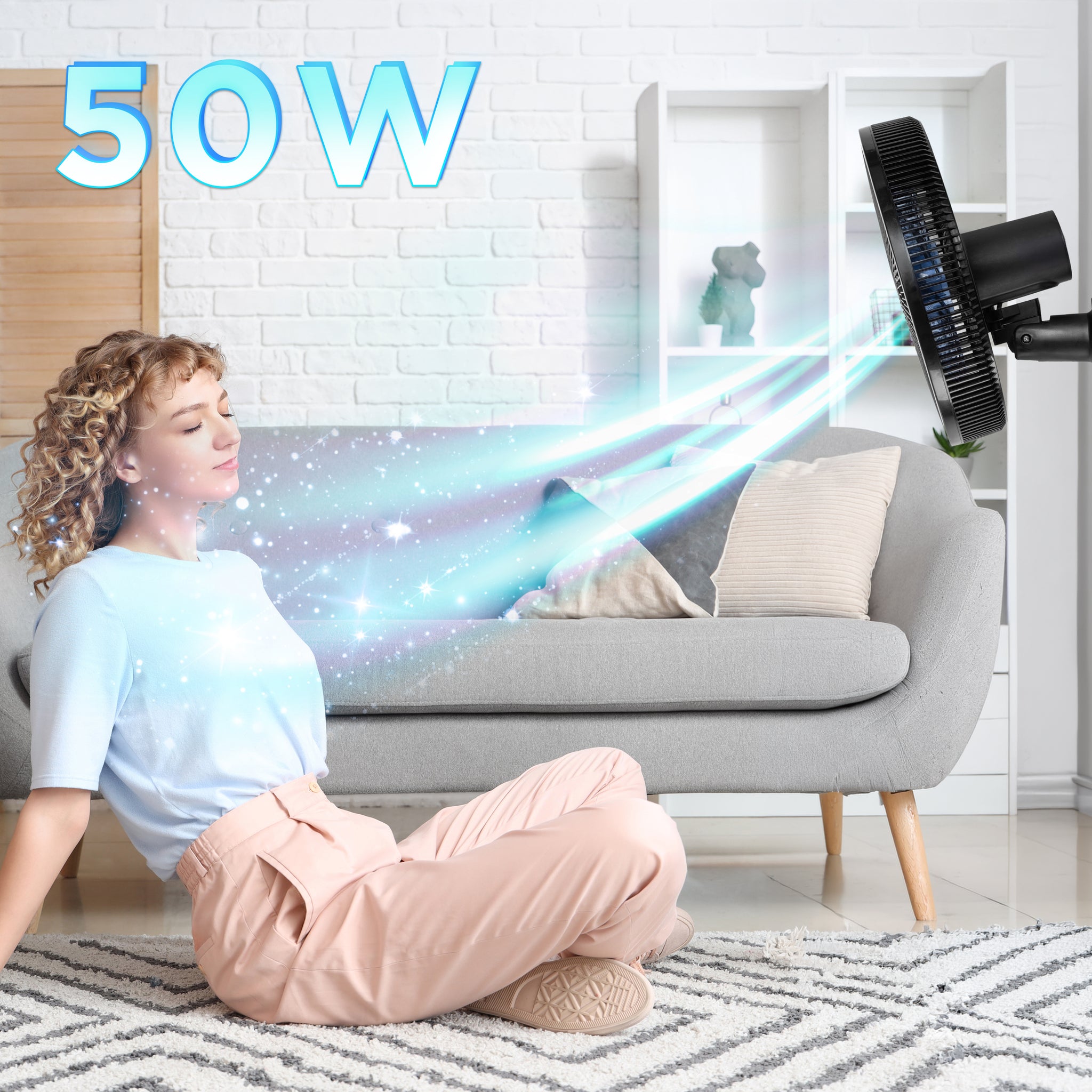 Duronic Wall Mounted Fan with a woman enjoying cool airflow