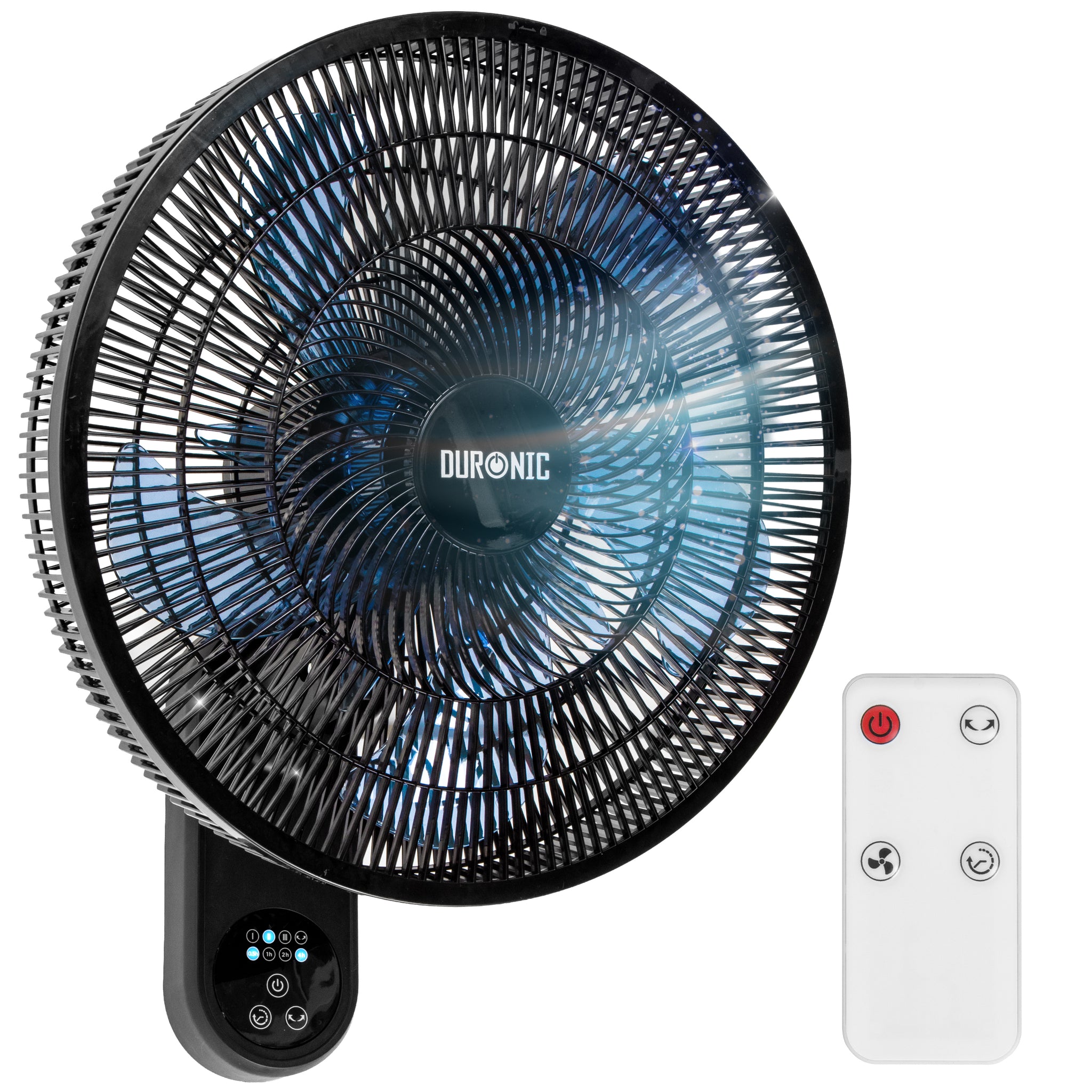 Duronic Wall Mounted Fan with blue blades and a white wireless remote control.