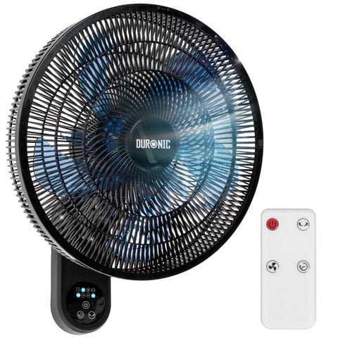 Duronic Wall Mounted Fan with blue blades and a white wireless remote control.