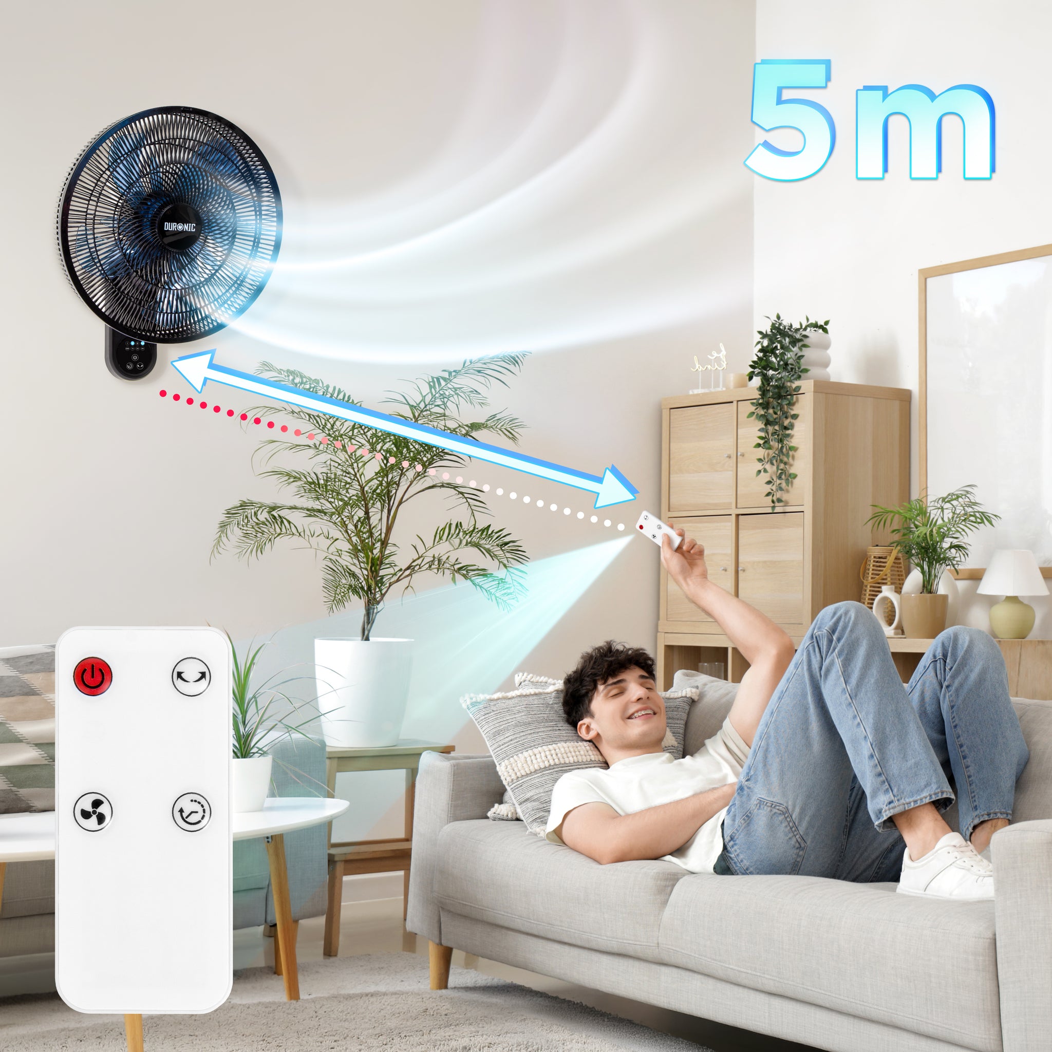 Duronic Wall Mounted Fan with remote control operating from five meters in living room.
