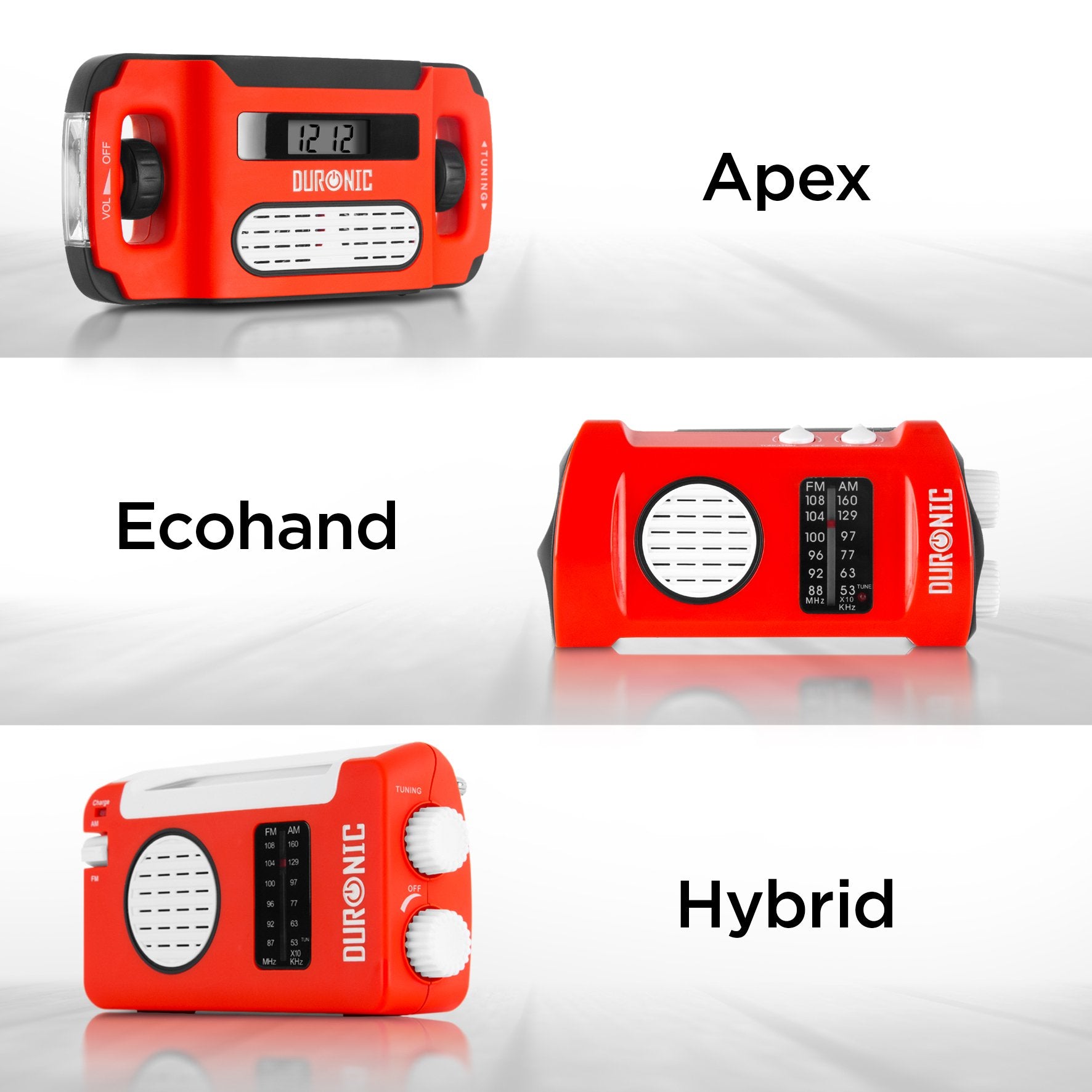Duronic Wind Up Solar Powered Flashlight Radio Apex Compact Comparison of three red Duronic portable wind up radio models: the Apex, Ecohand, and Hybrid.
