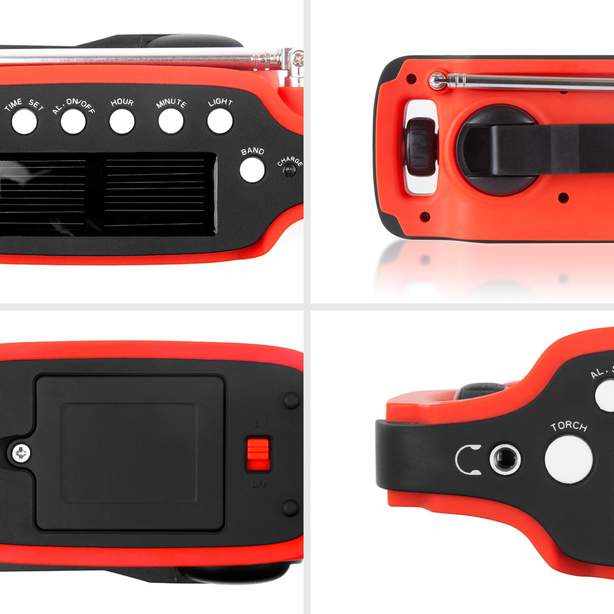 Duronic Wind Up Solar Powered Flashlight Radio Apex showing the buttons, antenna, battery compartment, and ports of a red radio.