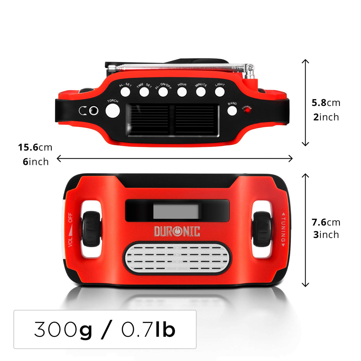 Duronic Wind Up Solar Powered Flashlight Radio Apex showing top and front views with product dimensions and weight.