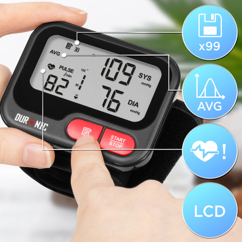Duronic Wrist Blood Pressure Monitors displaying clear readings with memory and average features highlighted visually.
