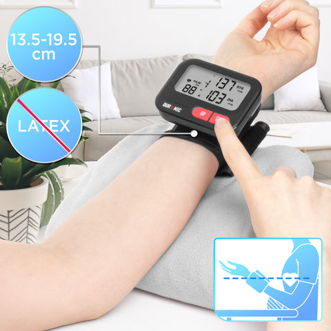 Duronic Wrist Blood Pressure Monitors featuring a latex free cuff and clear LCD screen.