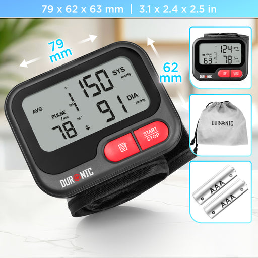 Duronic Wrist Blood Pressure Monitors showing product dimensions, included storage pouch, and batteries.