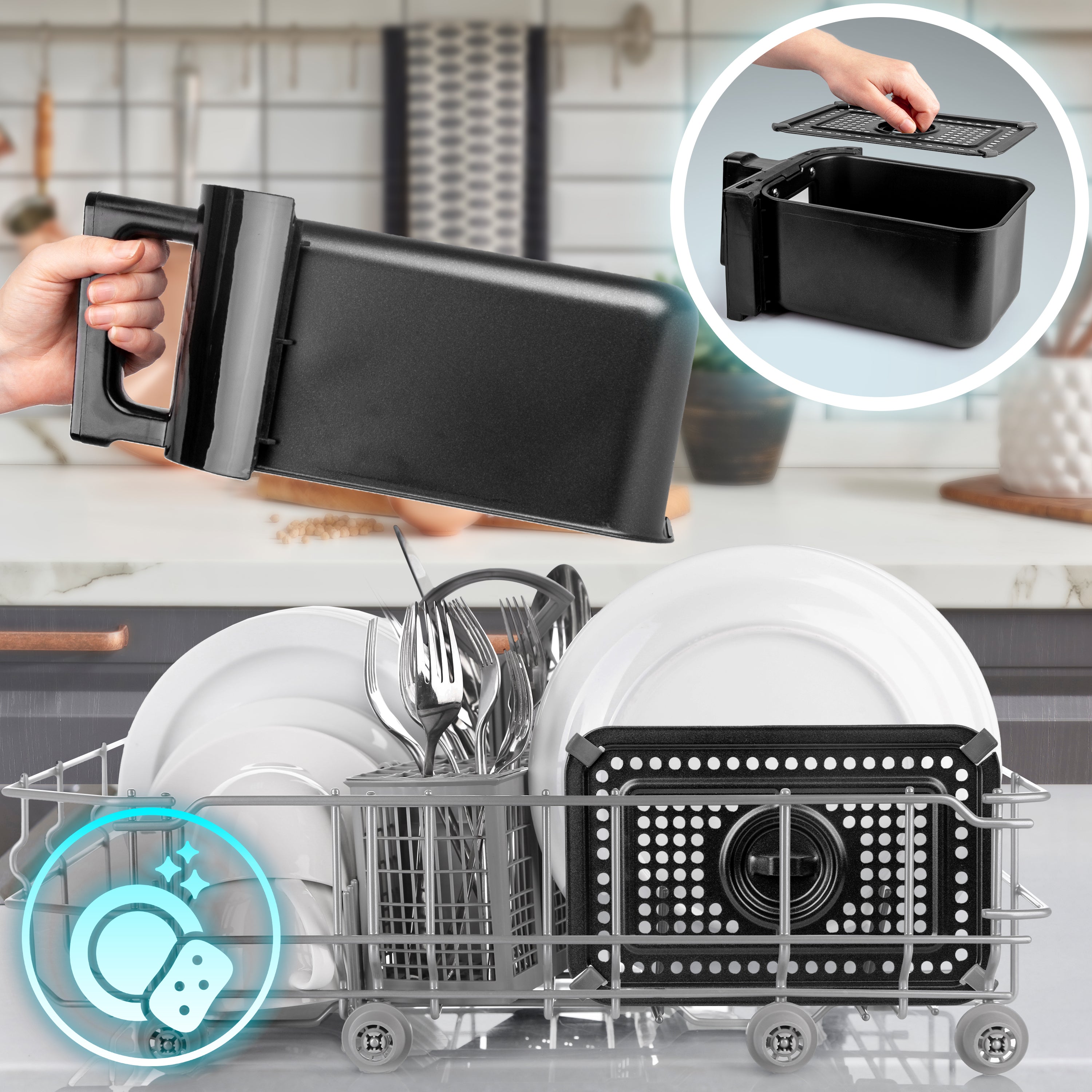 Duronic XXL Digital Air Fryer  drawer and tray in a dishwasher