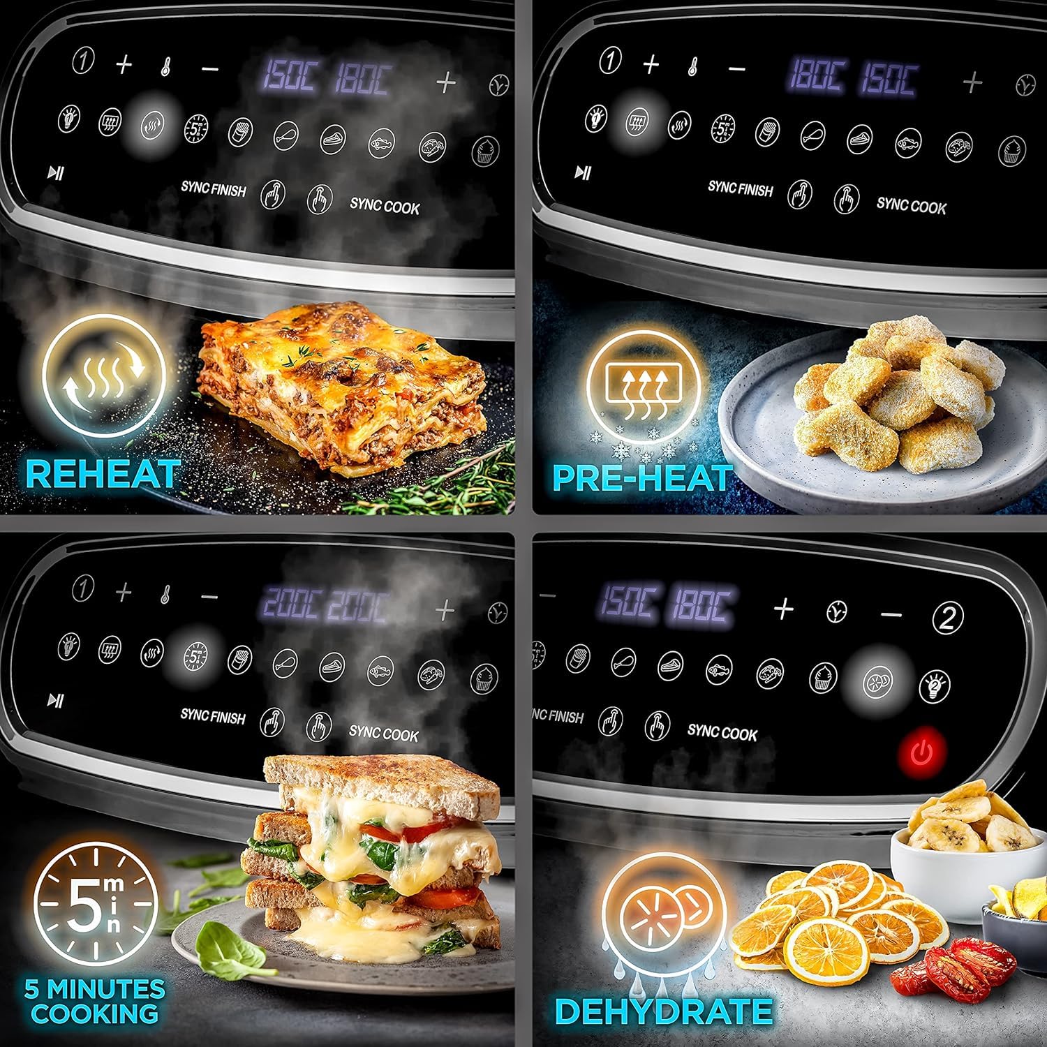 Duronic XXL Digital Air Fryer with reheat, preheat,5mins cooking and dehydrate option
